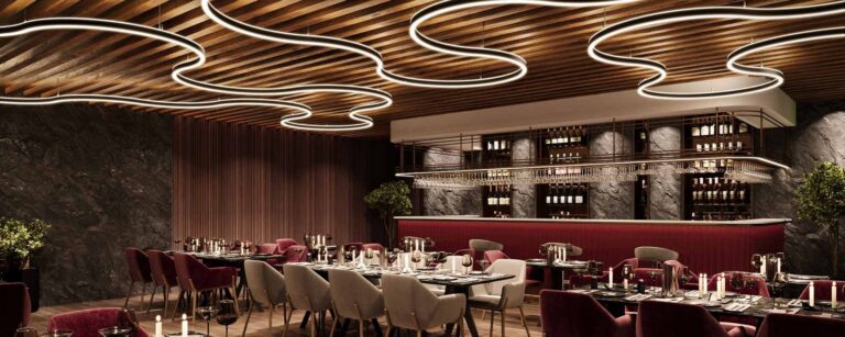 Micro Squiggle Curvilinear Lighting System by Betacalco illuminating a dining room.